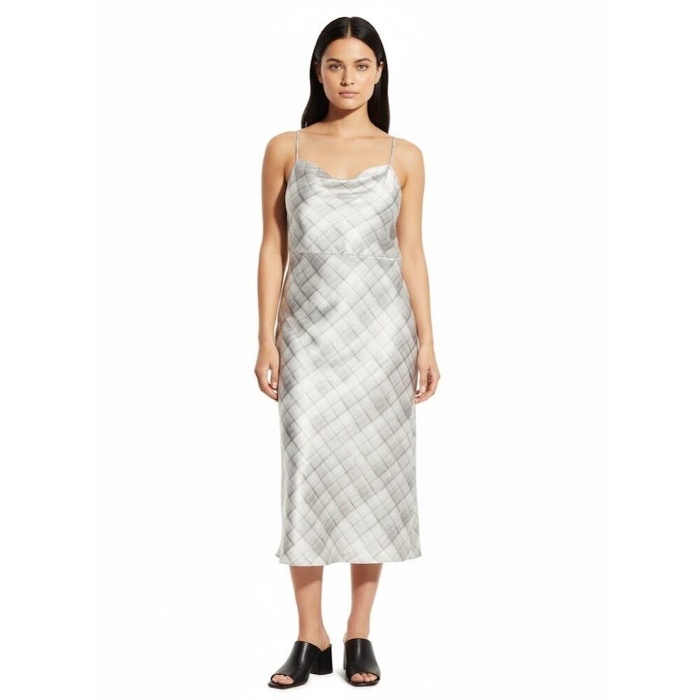 NWT Vince Hazy Plaid Satin Cowlneck Midi in Powder Blue Slip Dress 18